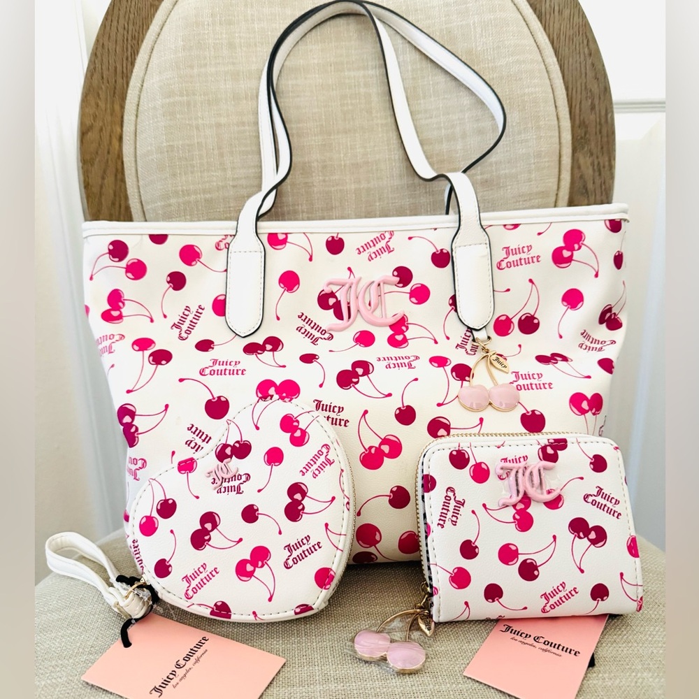 Juicy Couture Cherry On Top Trio White Tote, Heart Wristlet and Wallet
